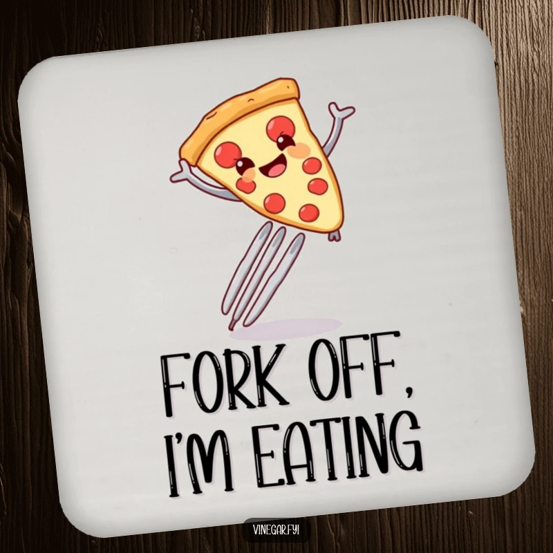Funny smiling anthropomorphic pizza slice leaping over a giant fork printed on a durable drink coaster.