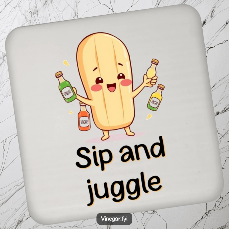Funny coaster showcasing a cheerful baguette character juggling miniature vinegar bottles, adding artistic flair.