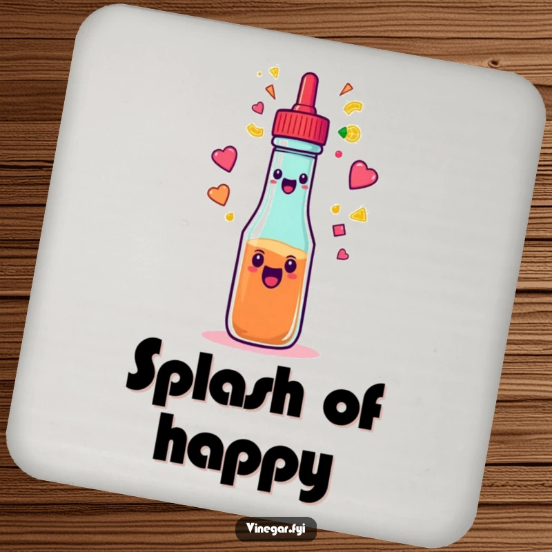 Funny condiment squeeze bottle spraying a rainbow of colorful shapes on a drink coaster, for humorous surface protection.