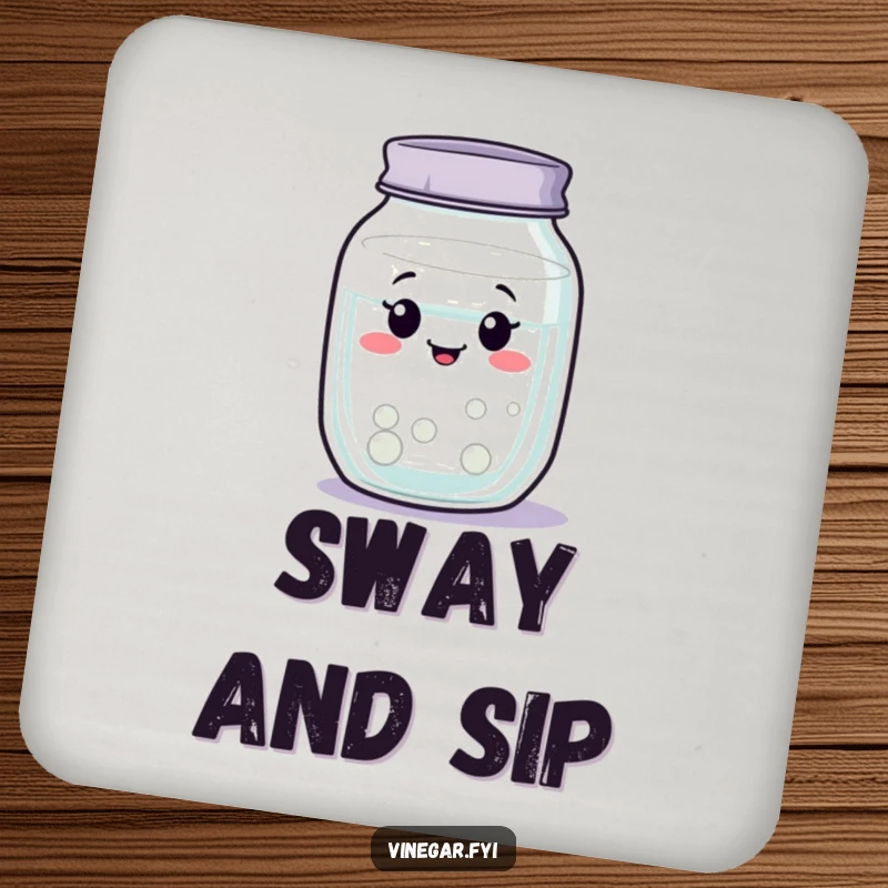 Funny wobbly jar of clear liquid coaster swaying gently, offering protection and a calm vibe, a great funny gift.