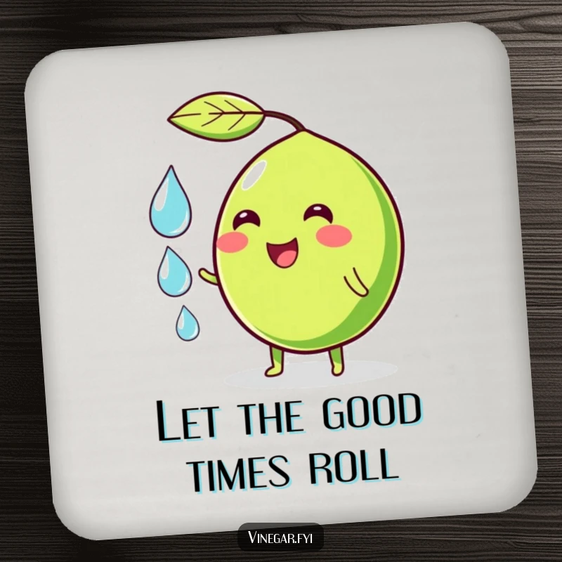 Funny coaster featuring a wobbly green lime character smiling and juggling droplets, adding playful humor and protecting surfaces.