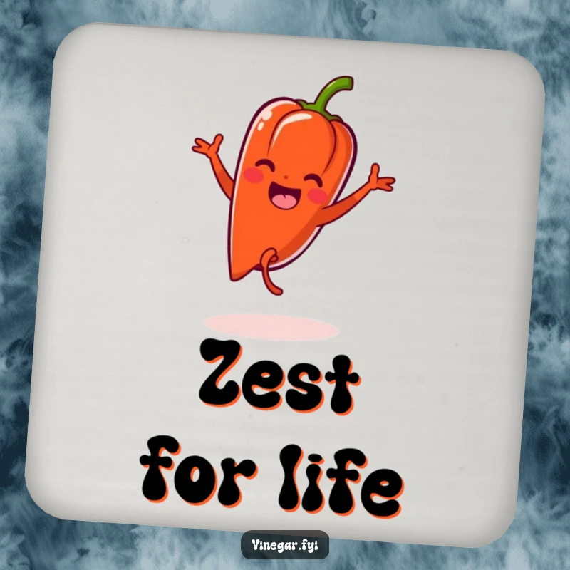 Funny Kawaii pepper doing a cartwheel with zest, printed on protective drink coasters.