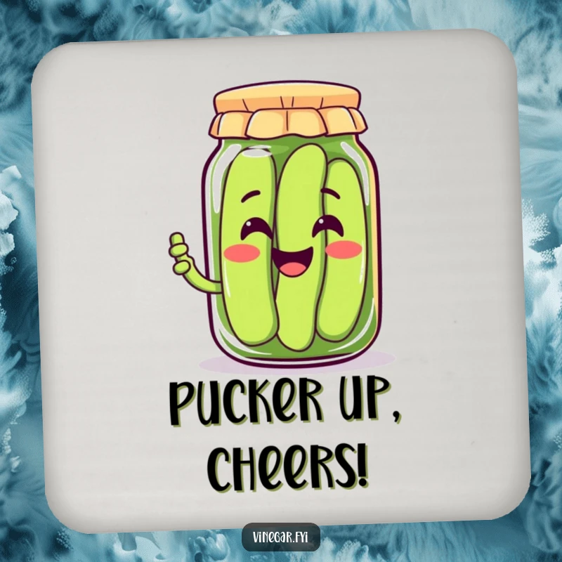 Funny drink coaster with a smiling Kawaii pickle jar character offering a pickle, protecting surfaces with cheer, a cute funny gift.