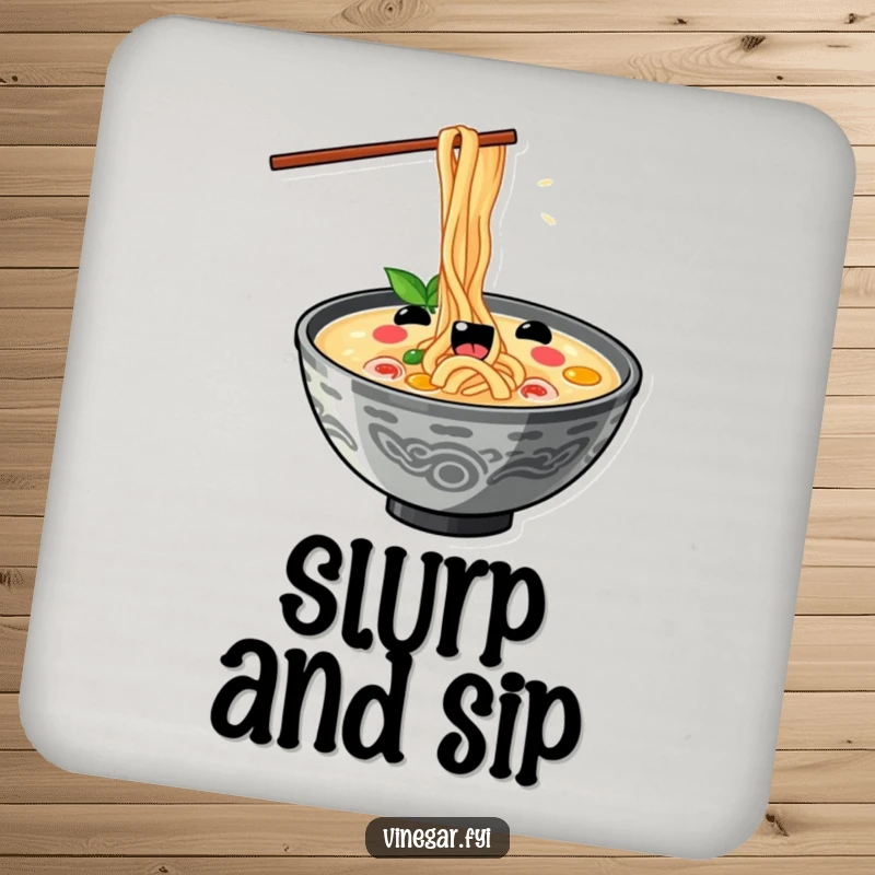 Funny kawaii ramen bowl slurping noodles with exaggerated delight, on protective drink coasters, great as a funny gift.