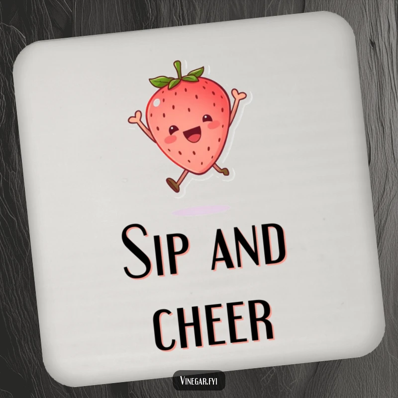 Funny coaster with a kawaii strawberry leaping joyfully, leaf tilted, adding sweet, happy vibes to your drinks.
