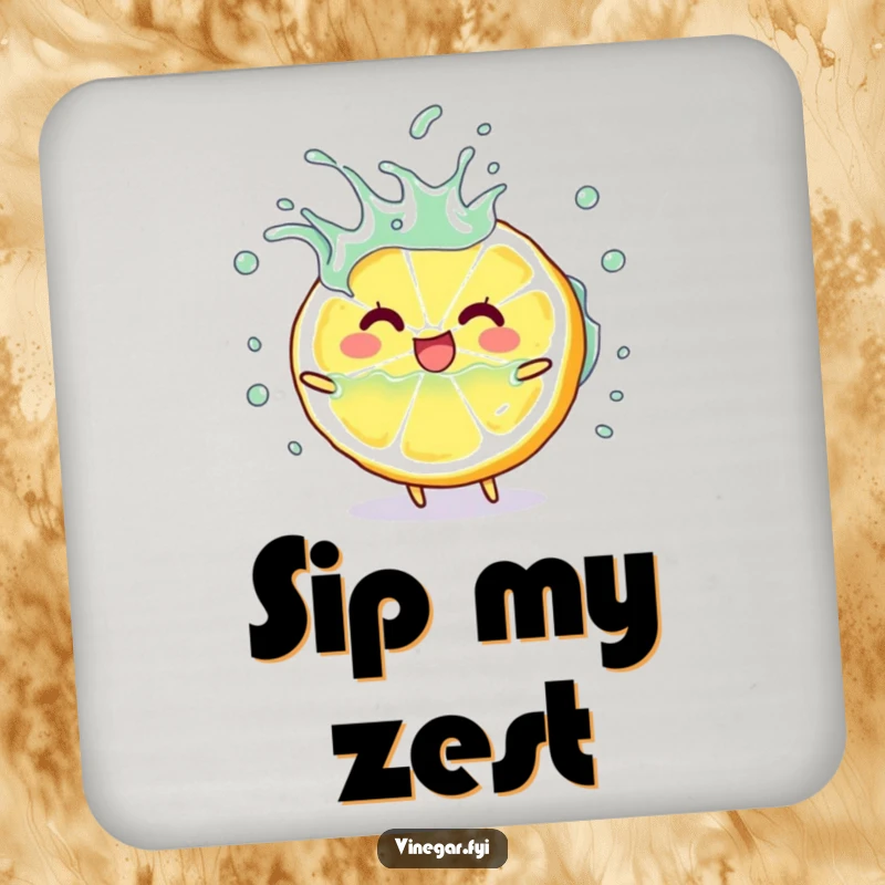 Funny happy lemon slice character playfully splashing vinegar on protective drink coasters, perfect funny gift.