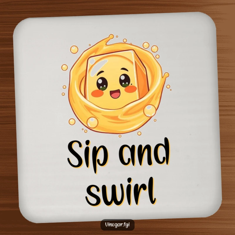 Funny round orange juice box character with excited eyes spinning in bubbly liquid, protecting surfaces with this humorous drink coaster.