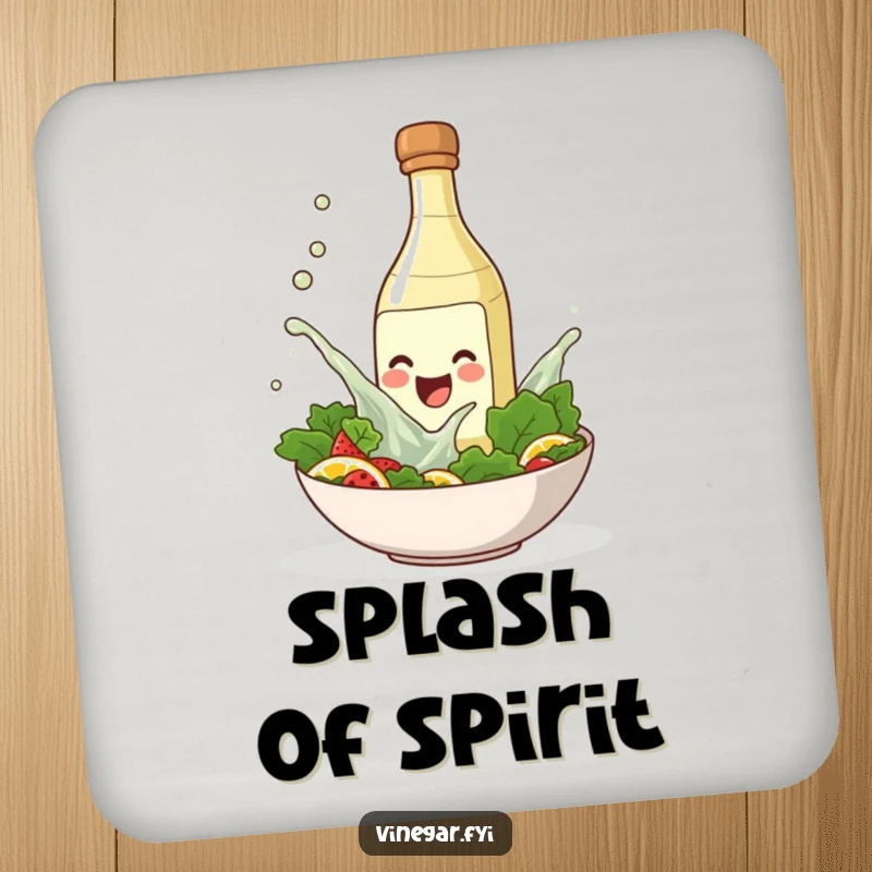 Funny drink coaster with a smiling vinegar bottle splashing into a salad bowl, adding zest to protection.