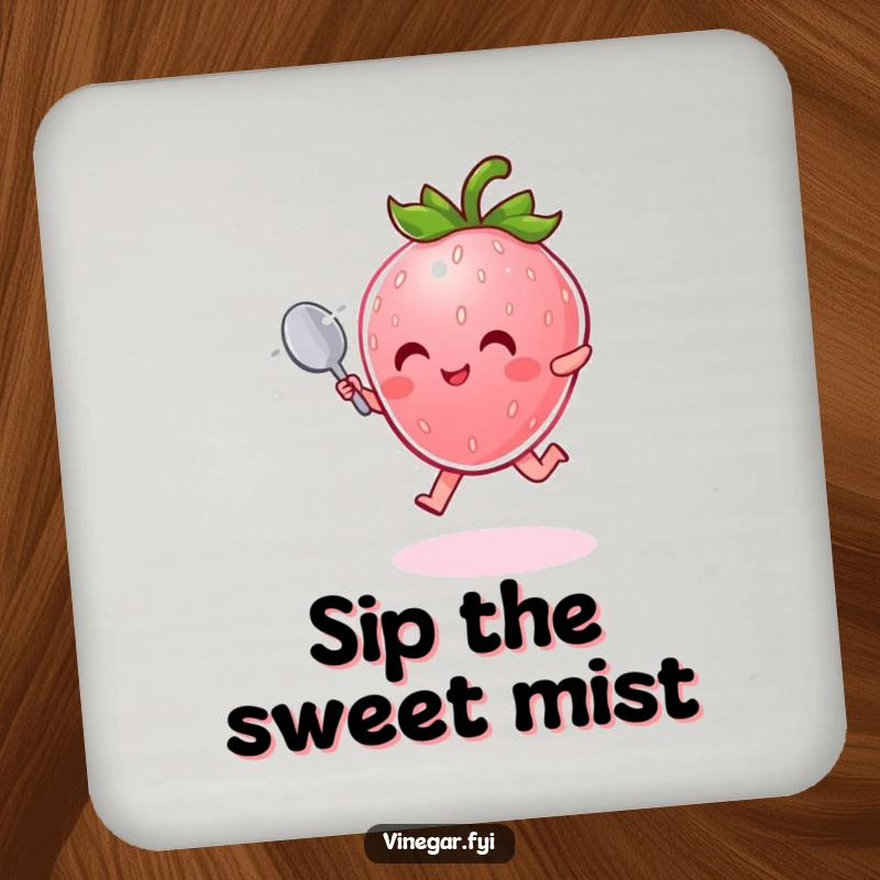 Funny Coaster: Radiant pink strawberry character with a tiny spoon joyfully leaps through shimmering mist, protecting surfaces.