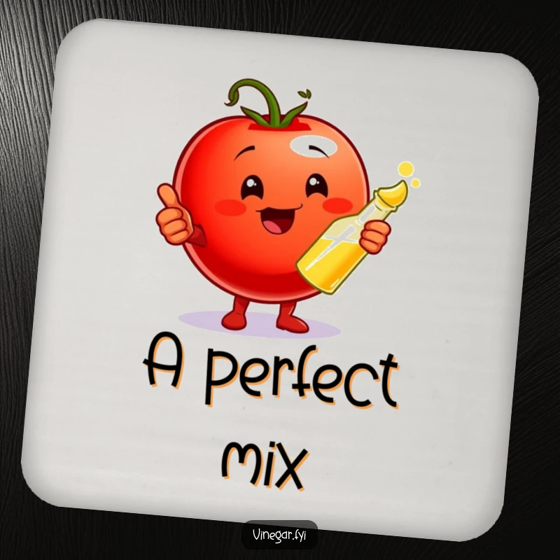 Funny Coaster featuring a playful cherry tomato giving a thumbs up and holding a vinegar cruet, perfect for protecting furniture with flavor art.