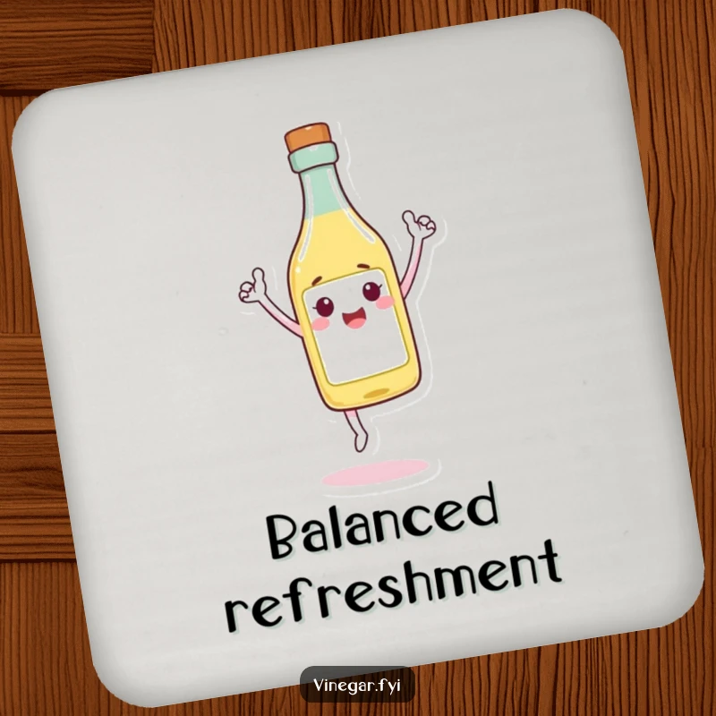 Funny Drink Coaster featuring a cheerful vinegar bottle character triumphantly balancing on its tip, ready to protect surfaces.