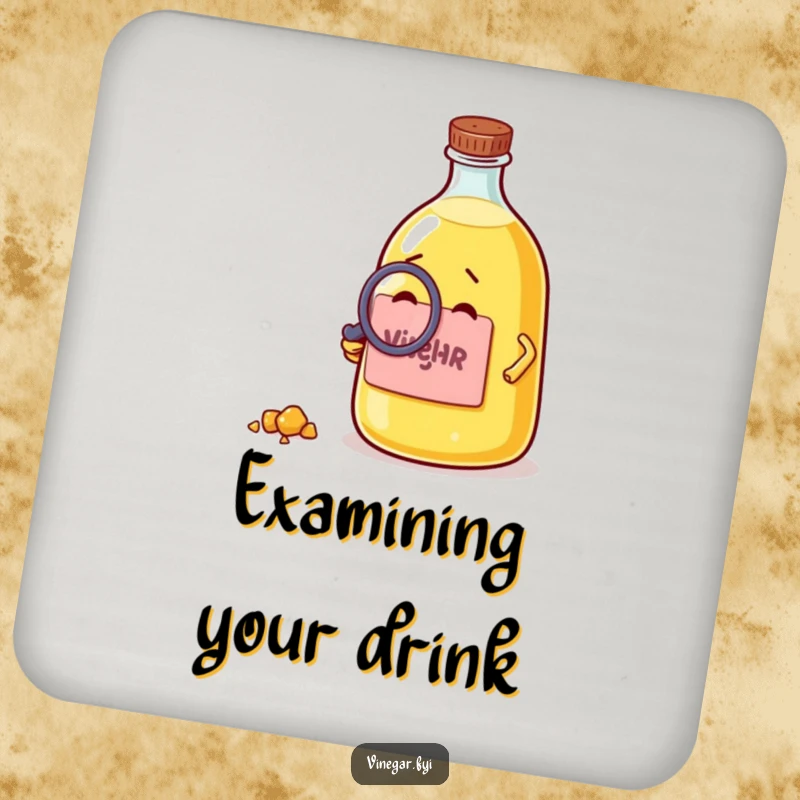 Funny coaster featuring a curious vinegar bottle using a magnifying glass to examine a crumb, adding intellectual humor to surface protection.