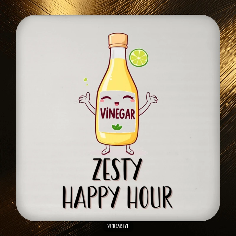 Funny coaster: A winking bottle of vinegar dances with a lime wedge, guarding tables with a dash of zesty, party-themed fun.