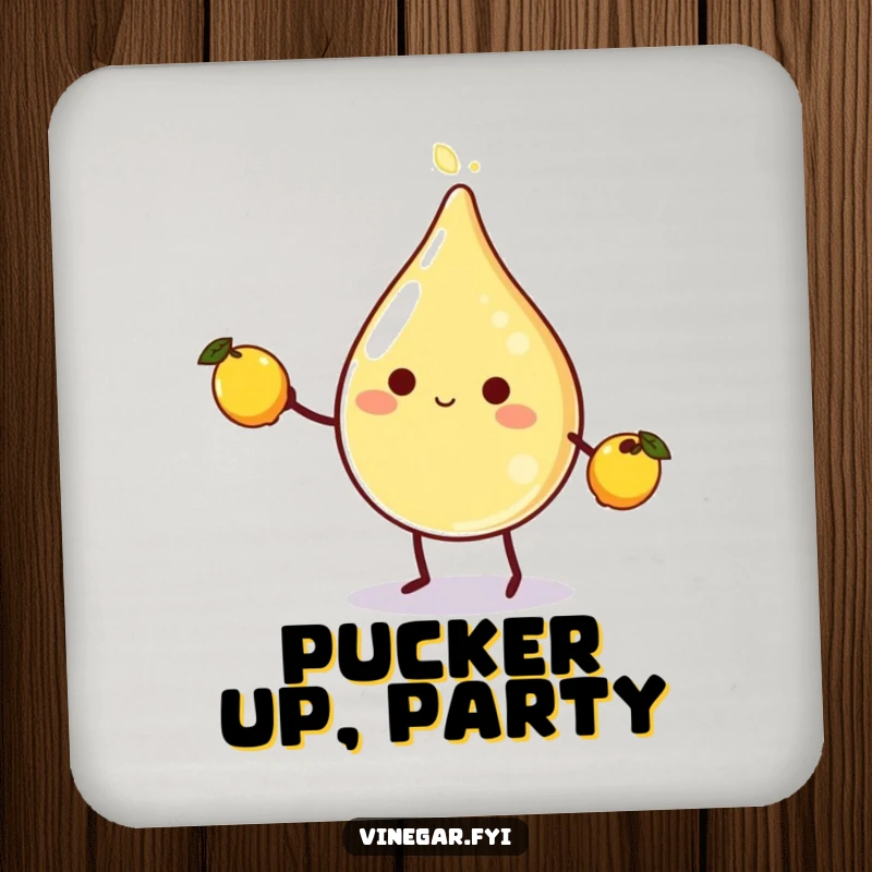 Funny vinegar droplet character juggling lemons on a drink coaster, adding a humorous and protective touch to tabletops.