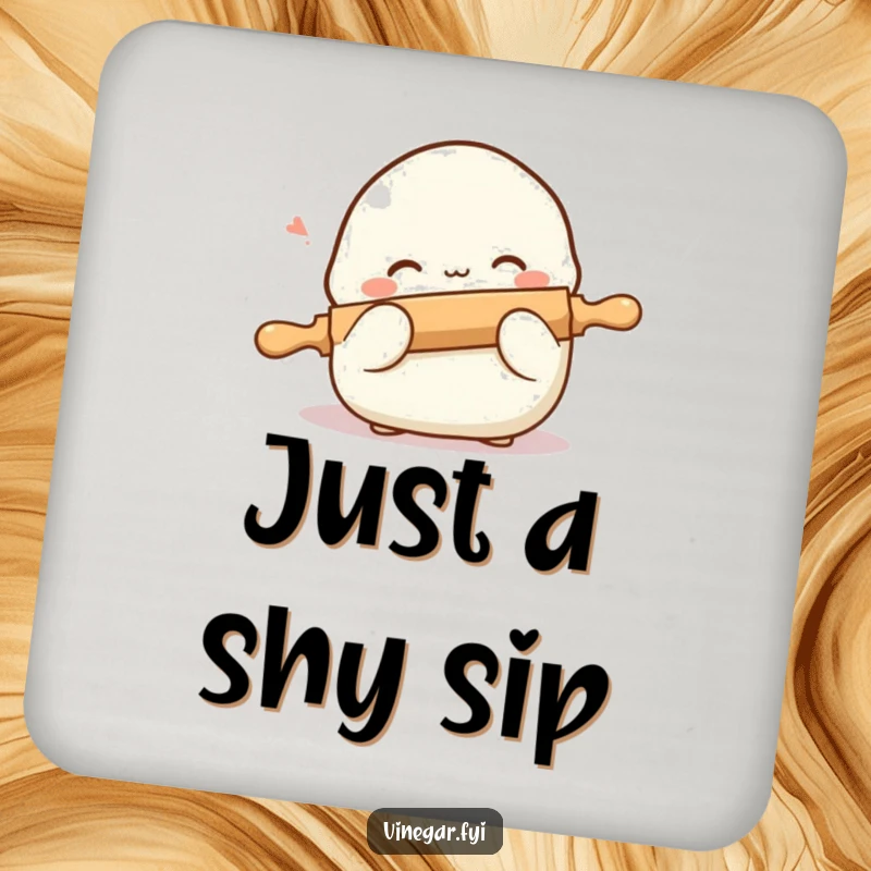 Funny coaster showcasing a shy dumpling blushing and peeking from behind a miniature rolling pin, protecting furniture with cute food art.