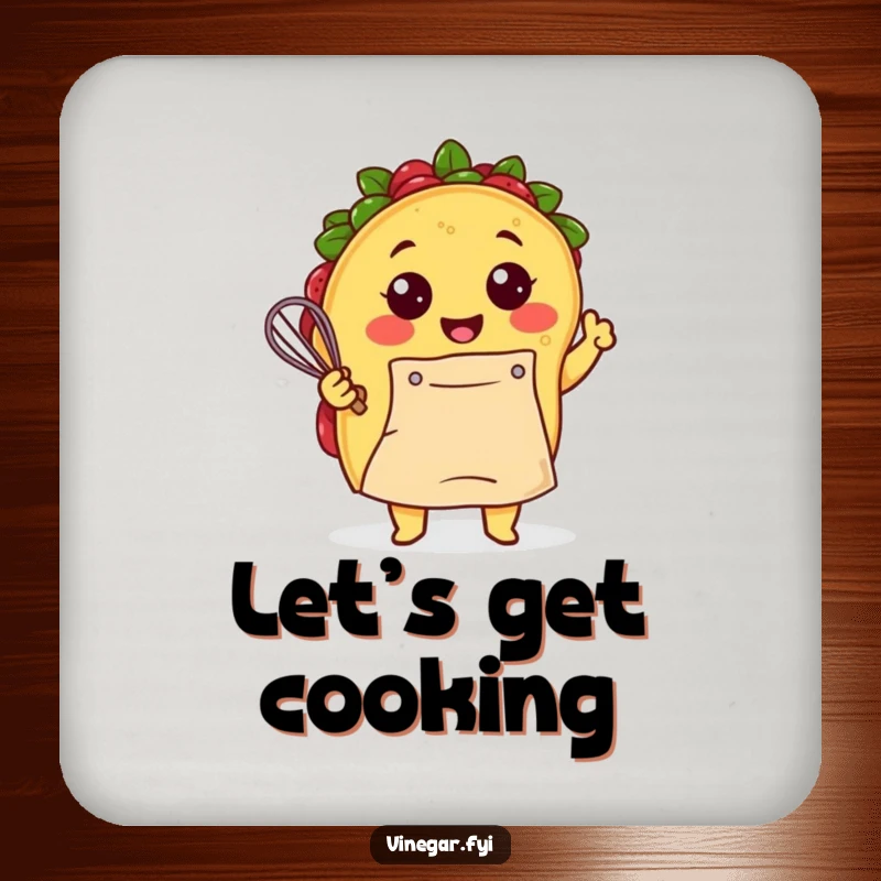 Funny Kawaii taco, apron on, whisking batter with a smile on this protective and funny drink coaster. Culinary charm.