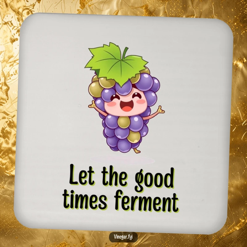 Funny grape bunch wearing a leaf hat, in a dynamic dance pose, printed on a protective and humorous drink coaster.