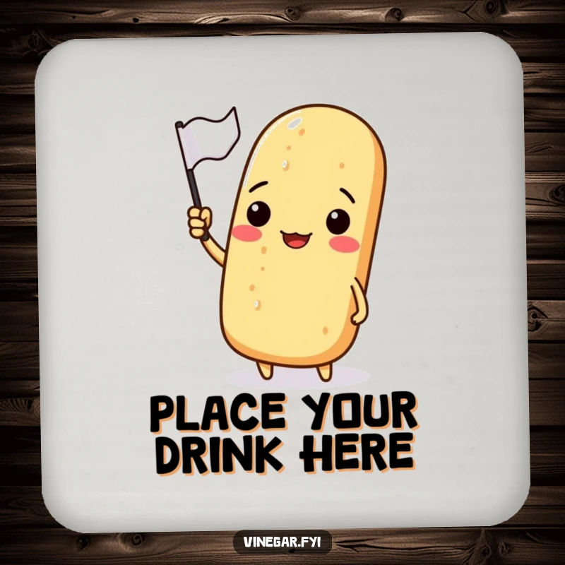 Funny drink coaster with a happy baguette waving a small flag, perfect for protecting surfaces with humor.