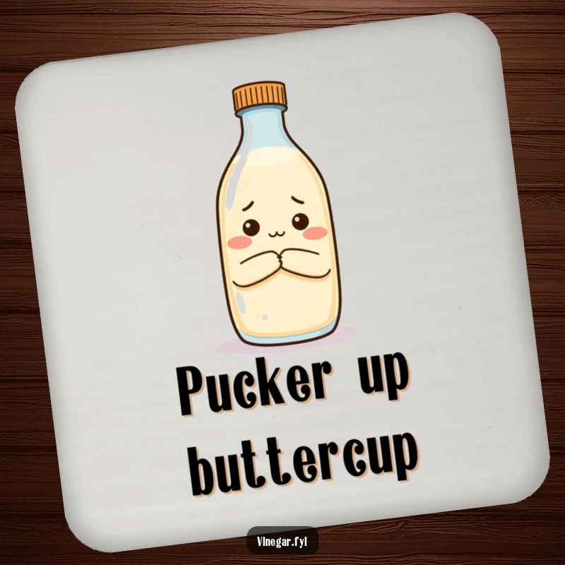 Funny drink coaster with an unimpressed vinegar bottle arms crossed, protecting surfaces with comedic flair.