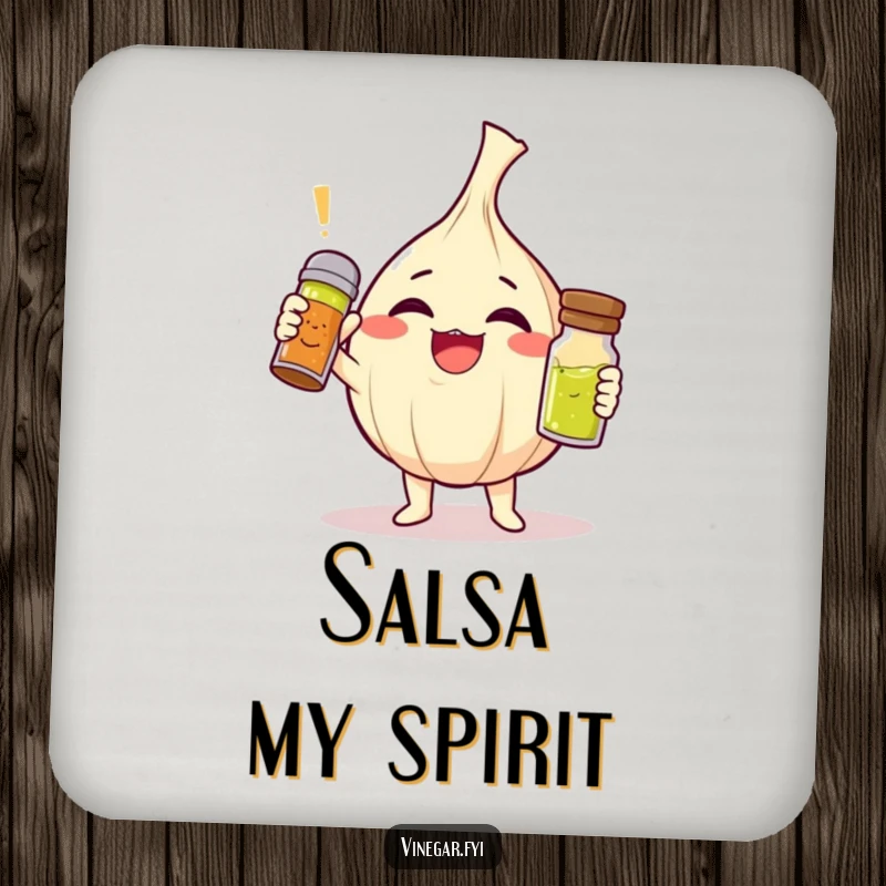Funny giggling garlic clove character triumphantly holding a tiny vinaigrette shaker on a protective drink coaster, perfect funny gift.