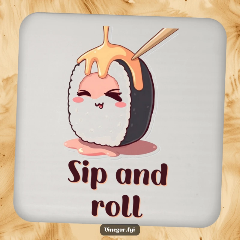 Funny kawaii sushi roll mischievously winking while being drizzled, on protective drink coasters, great as a funny gift.