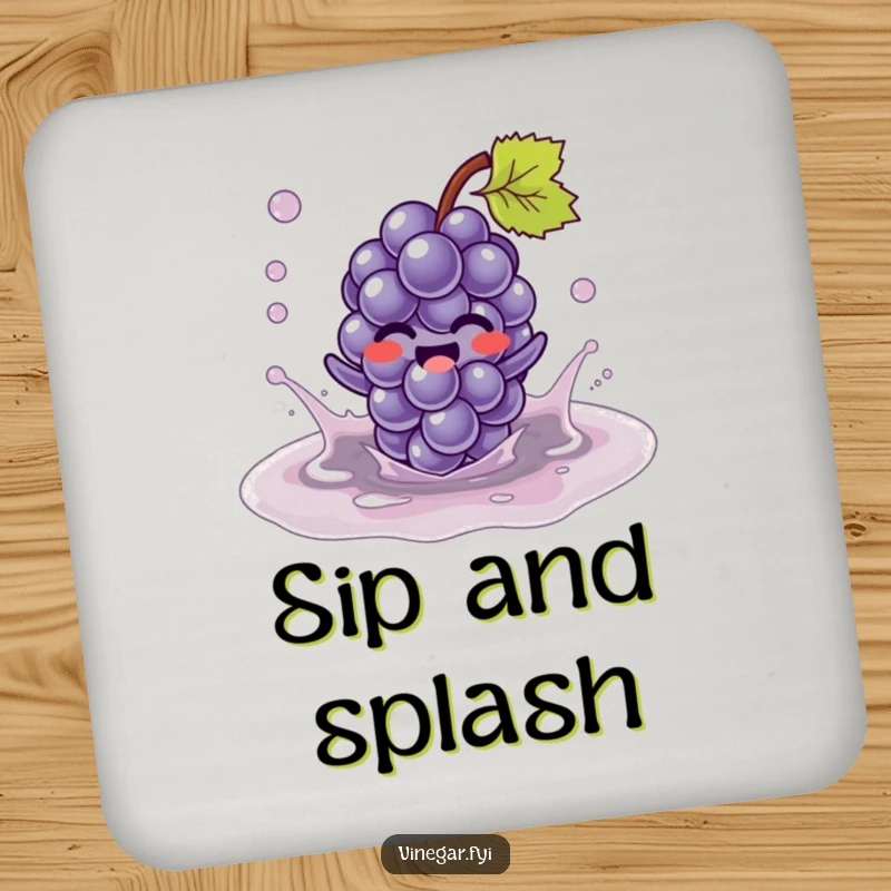 Funny Kawaii grape character, giggling while splashing in a vinegar puddle on this protective and funny drink coaster. Fruity table protection.