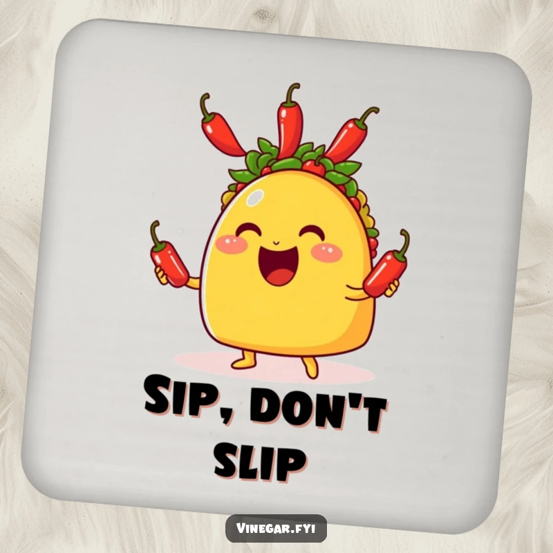 Funny drink coasters featuring a happy taco juggling three small chili peppers, perfect for protecting surfaces with humor.