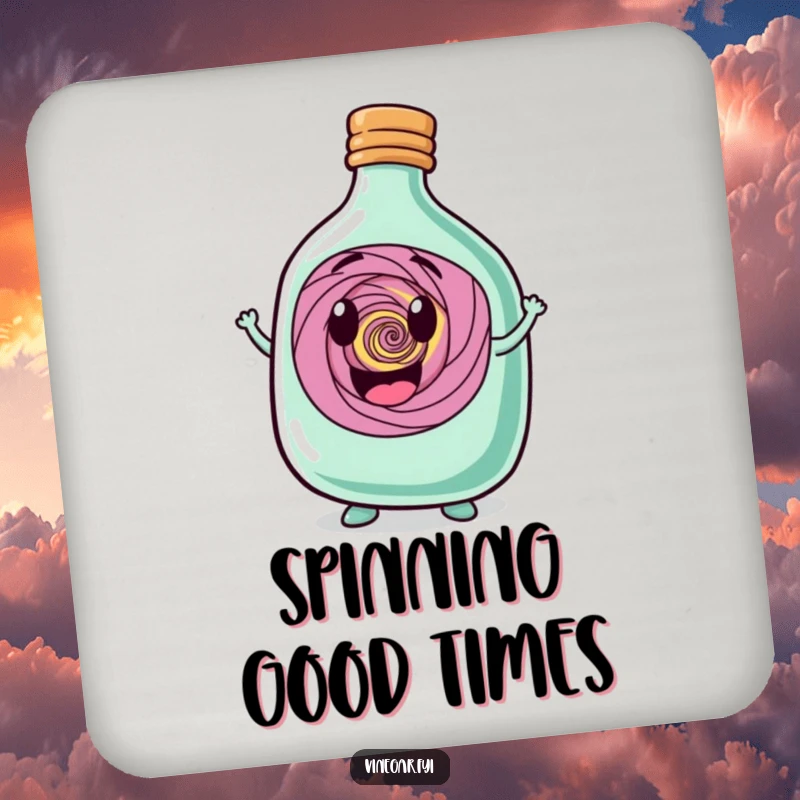 Funny happy squat bottle character proudly showcasing a swirling vortex within, designed as a whimsical and protective drink coaster.