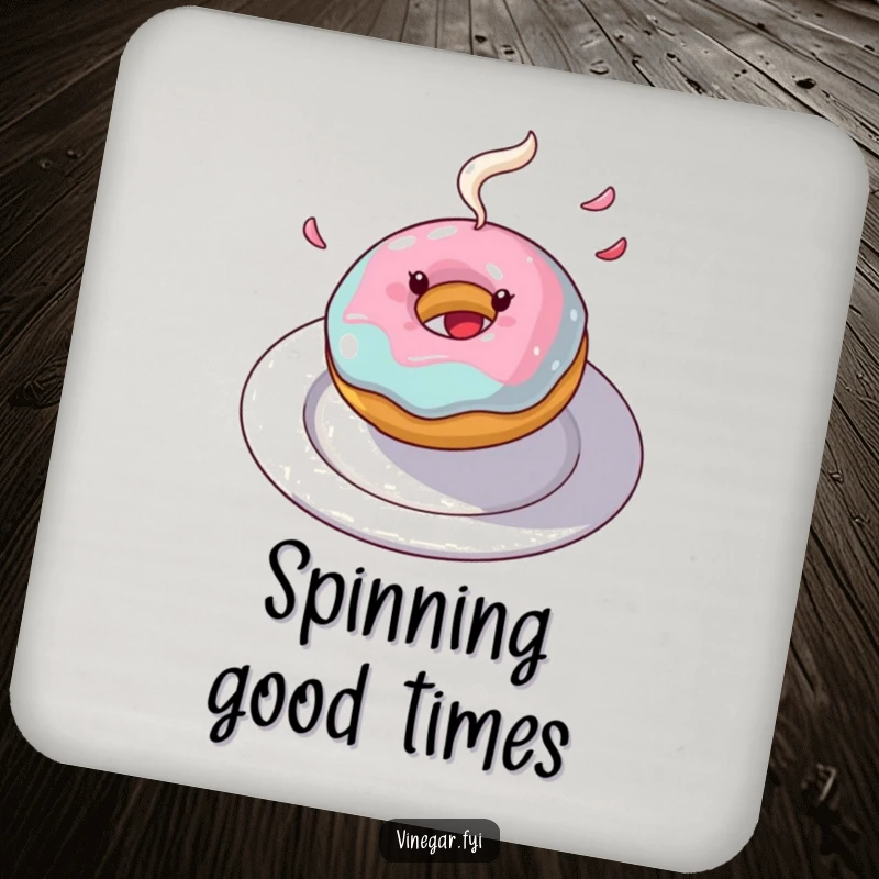 Funny donut coaster with a joyful spinning donut and flying frosting, adding sweet humor to surface protection.