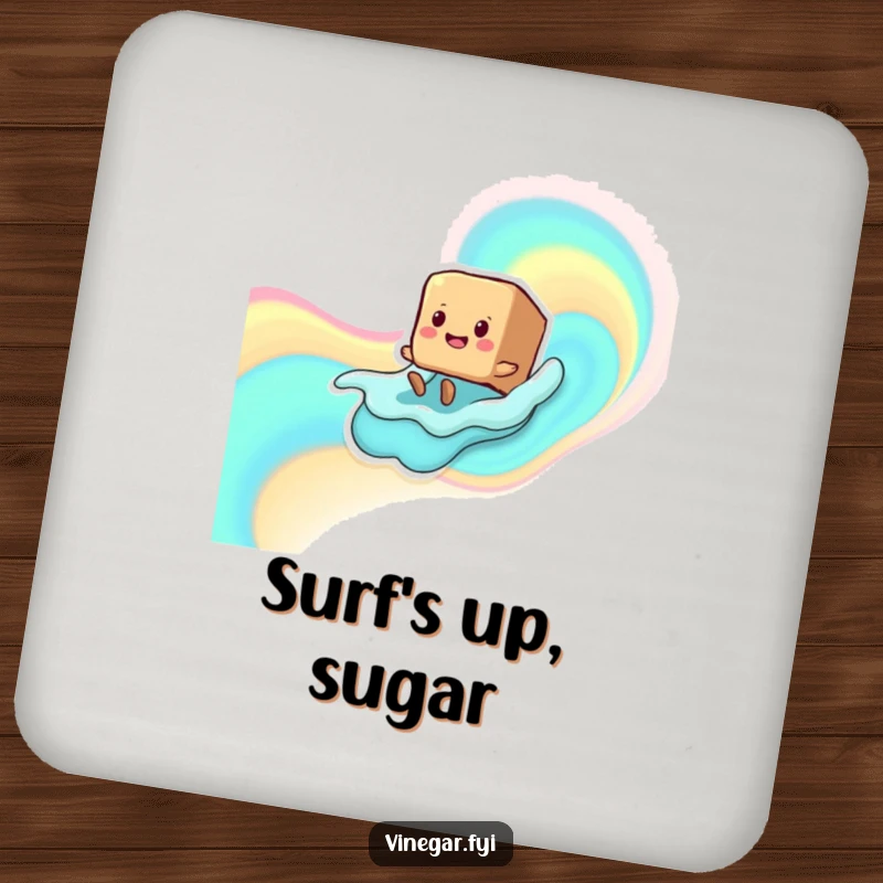 Funny smiling brown sugar cube character with tiny legs sliding down a liquid wave, protecting surfaces with this humorous drink coaster.