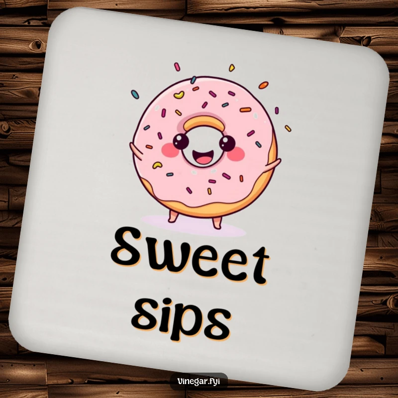 Funny coaster with a kawaii donut juggling sprinkles, adding a sweet, playful, and humorous touch to any drink.