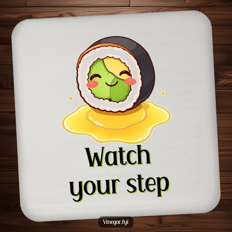 Funny drink coaster with a smiling sushi roll comically slipping on spilled vinegar, offering humorous protection against spills.