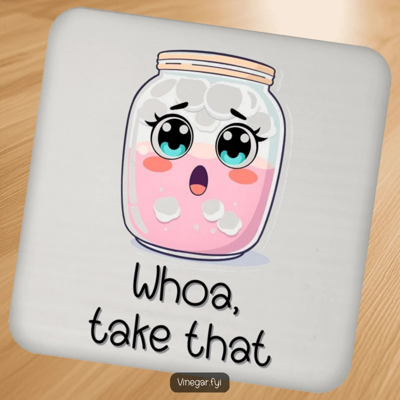 Funny surprised jar of cloudy liquid coaster, recoiling with wide eyes, offering protection and humor, a great funny gift.