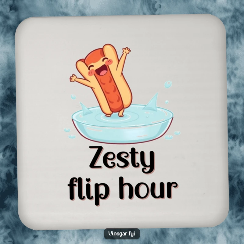 Funny coaster: A delighted hot dog performs a cartwheel in a pool of vinegar, guarding tables with a dash of zesty, food-themed fun.