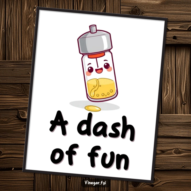 Funny poster: A cheerful pepper shaker tips over, pouring a tiny stream of vinegar, bringing a unique and humorous visual to any room.