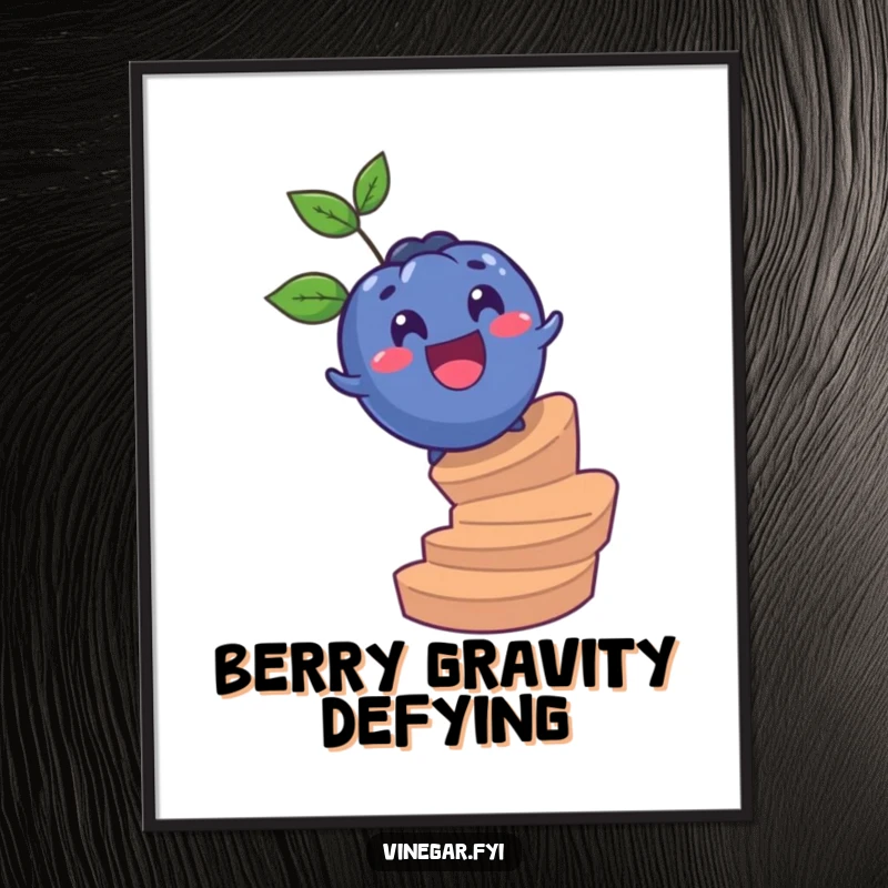 Funny poster showcasing a surprised blueberry gleefully rolling down a spiral staircase, a whimsical piece of fruit-themed art.