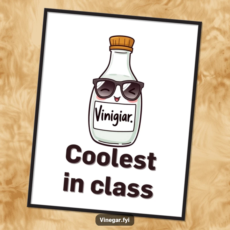 Funny poster featuring a mischievous vinegar bottle in tiny sunglasses, winking adorably, adding a touch of humor to wall decor.