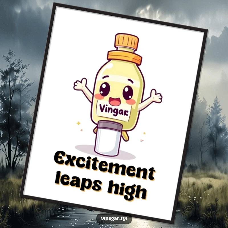 Funny Poster print of a cute vinegar bottle character with excited eyes, leaping over a salt shaker with energetic flair.