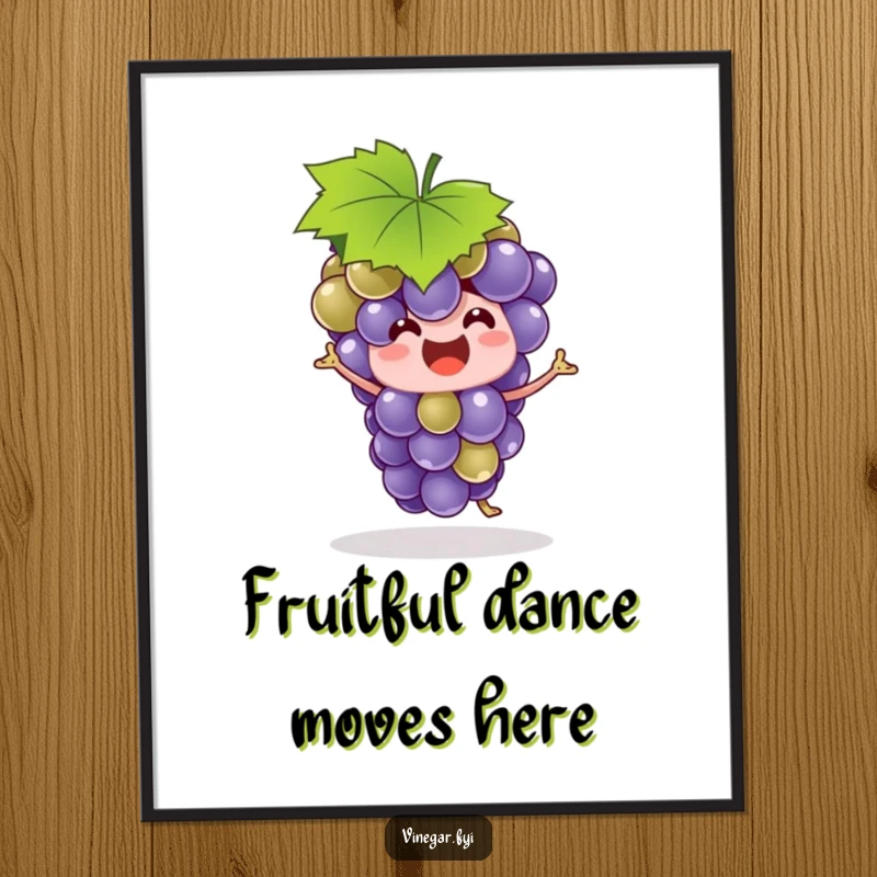Funny grape bunch dancing with a leaf hat, depicted in a vibrant and humorous art style, perfect wall decor.