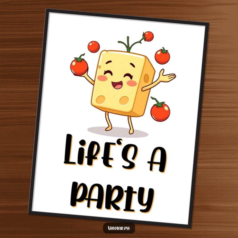 Funny poster showcasing a delightful cheese cube performing an impressive juggling act with several ripe cherry tomatoes.