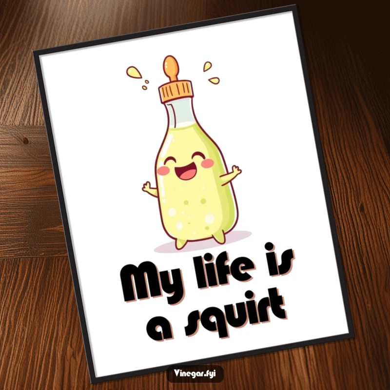 Funny poster art of a grinning condiment bottle enthusiastically squirting vinegar, a vibrant and humorous statement piece.