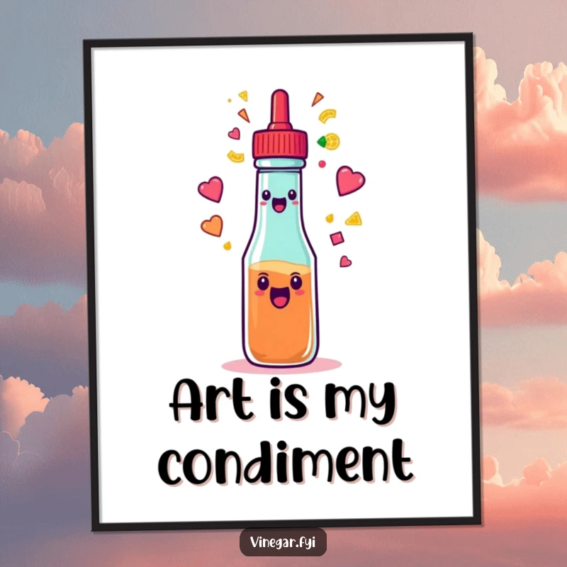 Funny excited condiment squeeze bottle spraying a rainbow of colorful shapes, presented as vibrant wall art for a humorous touch.