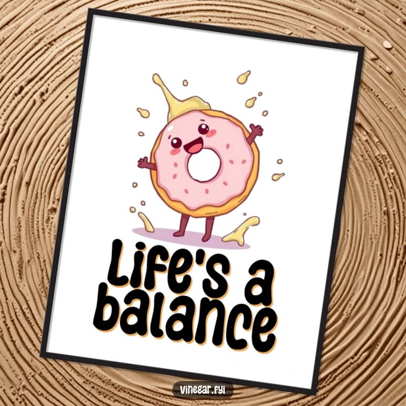 Funny poster print of a playful donut performing a cartwheel, with a splash of vinegar nearby, bringing energetic humor.