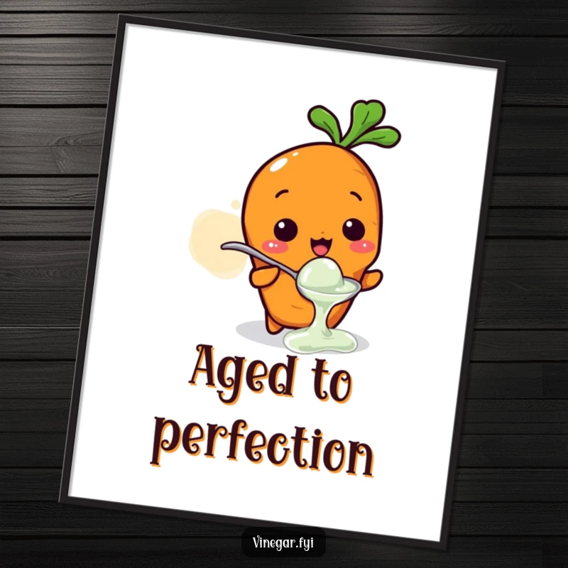 Funny poster of a small Kawaii carrot character tasting vinegar from a tiny spoon, expressing a zesty sour face, vivid wall art.