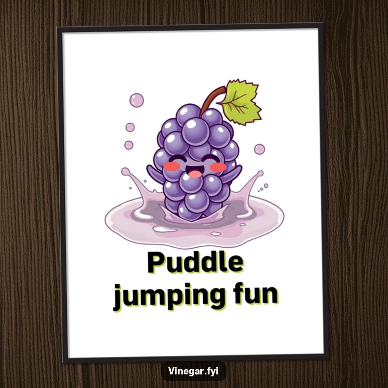 Funny Kawaii grape character, giggling and splashing in a vinegar puddle, captured in this humorous and vibrant art poster. Joyful decor.