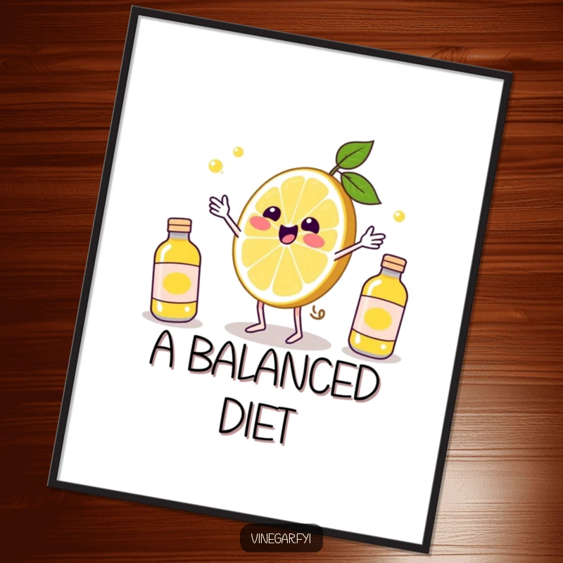 Funny Kawaii lemon slice, joyfully juggling vinegar bottles, brings a splash of color and humor to this delightful art poster. Citrus decor.