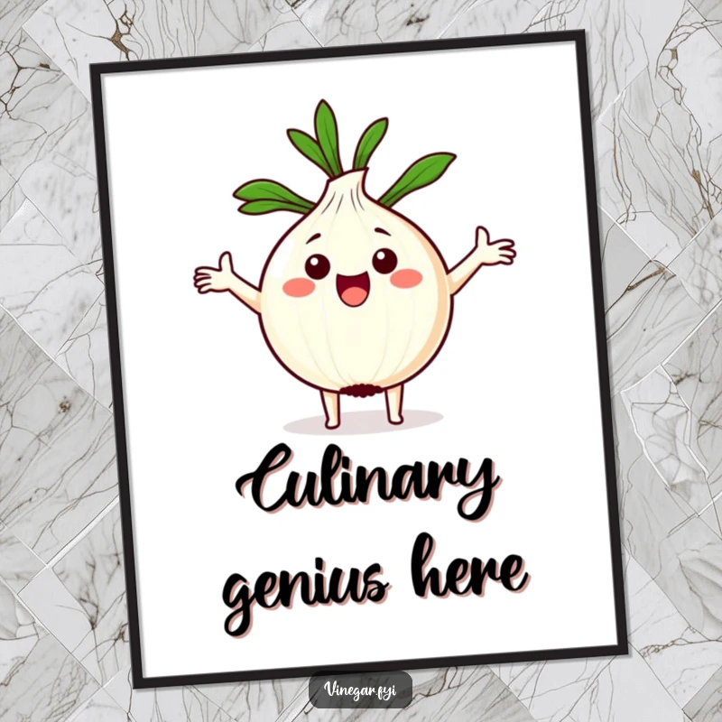Funny Kawaii onion with arms spread, holding a recipe, as charming wall art on a poster.