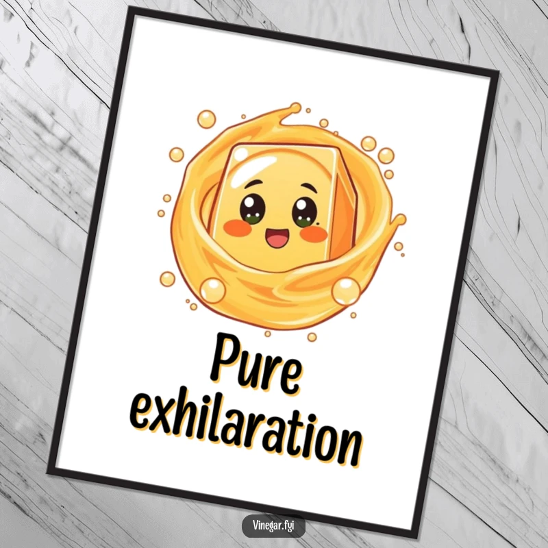 Funny round orange juice box character with excited eyes spinning in bubbly liquid, presented as vibrant and cheerful wall art.