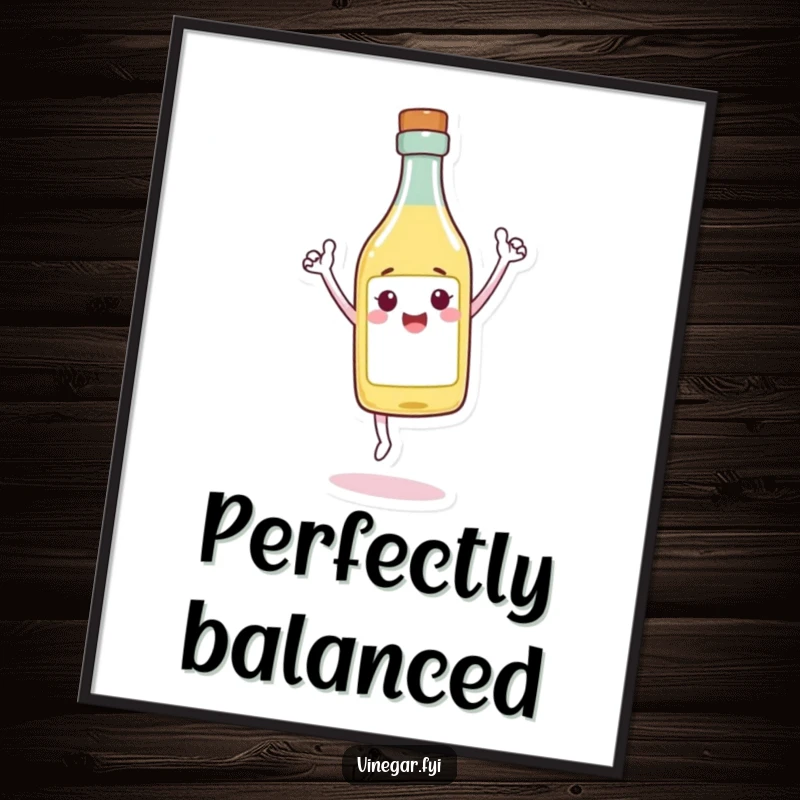 Funny Poster print of a cheerful vinegar bottle character balancing perfectly on its tip with a triumphant expression, ideal for wall decor.