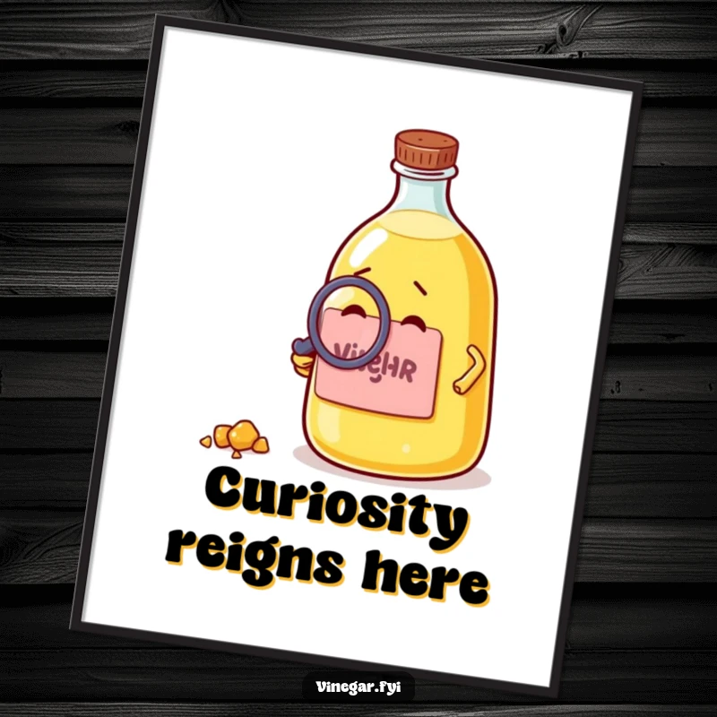 Funny poster showing a curious vinegar bottle using a magnifying glass to examine a crumb, adding a touch of investigative humor.
